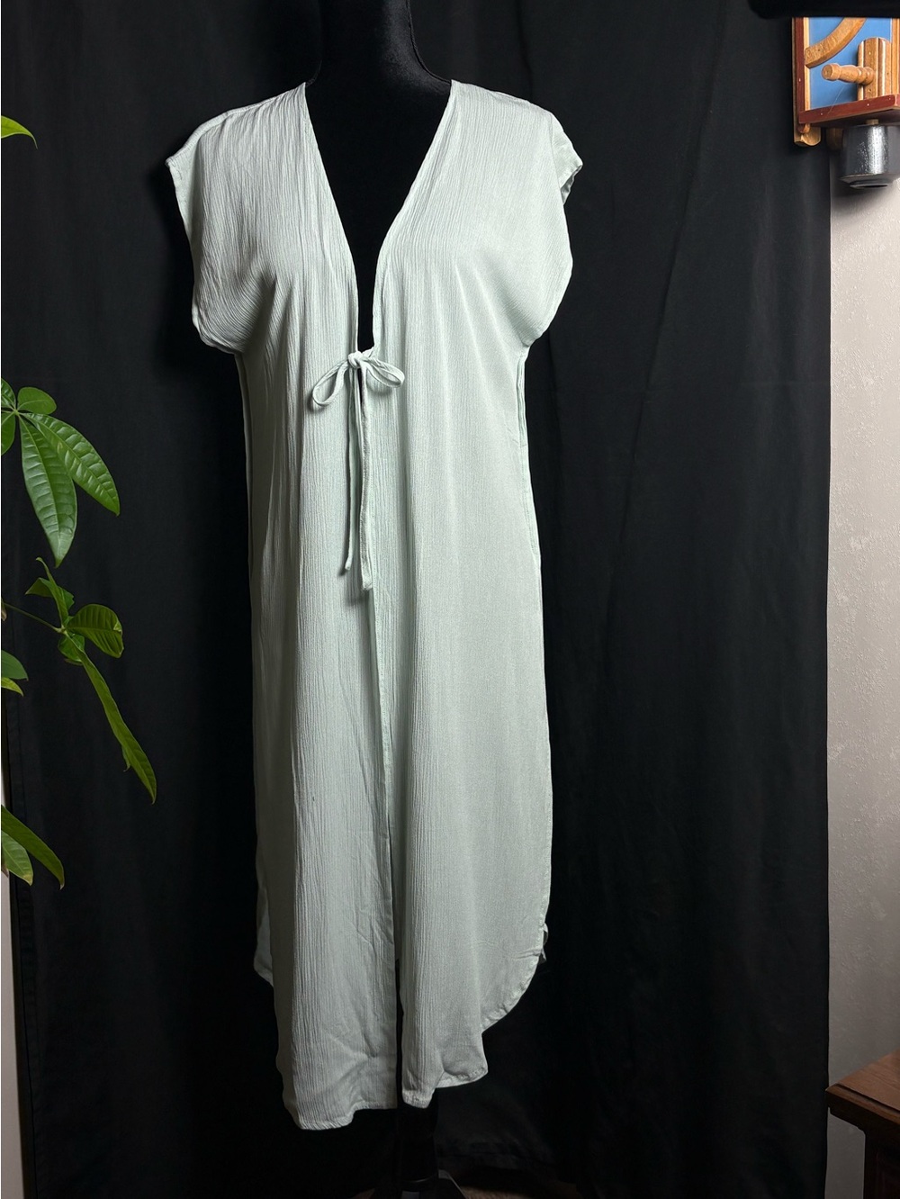 Time and Tru Mint Green Plissé Duster Longline Tie Waist V Neck